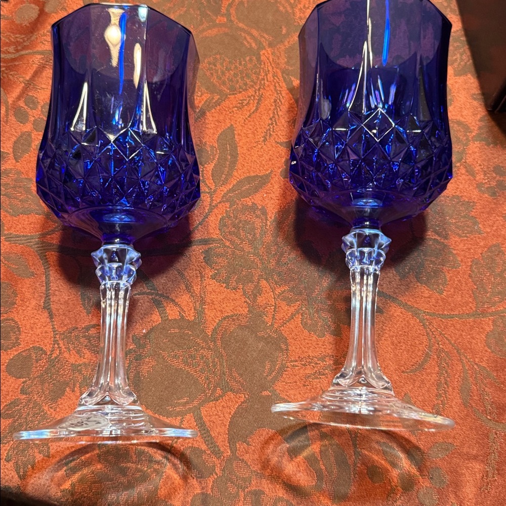 Longchamp 24% Lead Crystal 25th Anniversary Blue Crystal Wine Glass Set - Picture 6 of 11